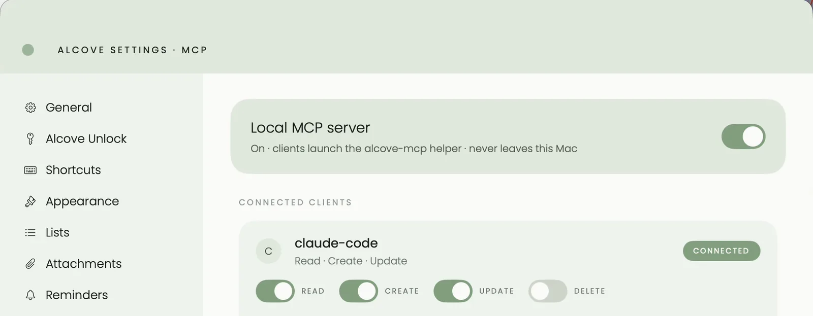 Alcove's MCP settings with the Local MCP server switched on and a connected client called claude-code allowed to read, create and update, with delete switched off