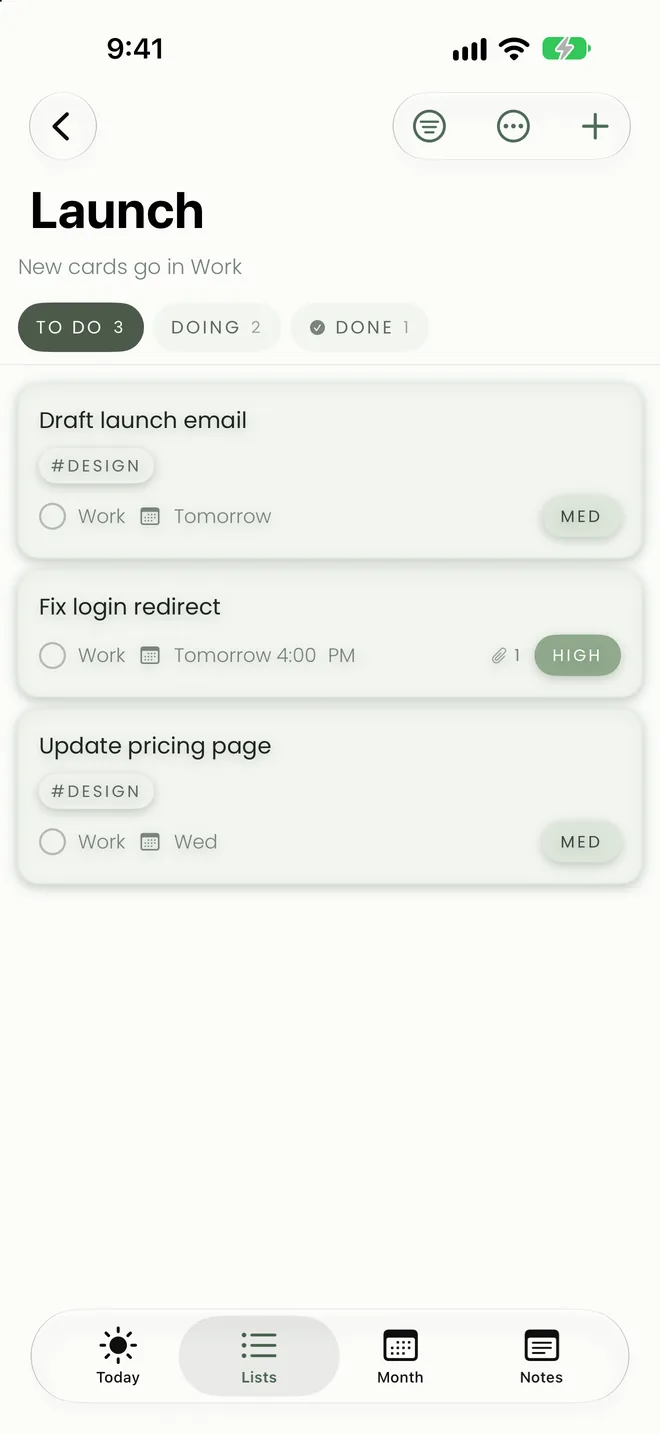 The Launch board on iPhone with To do, Doing and Done tabs at the top and three cards in To do