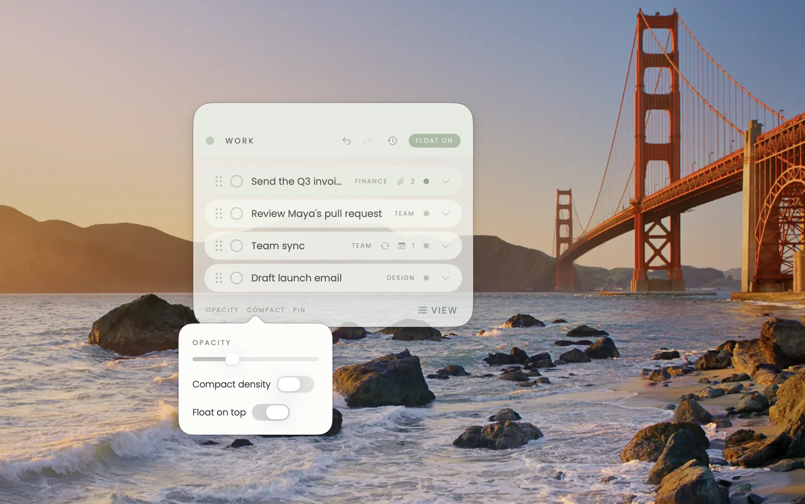 A floating Work list, turned partly see-through, over a photo of the Golden Gate Bridge, with its opacity slider open