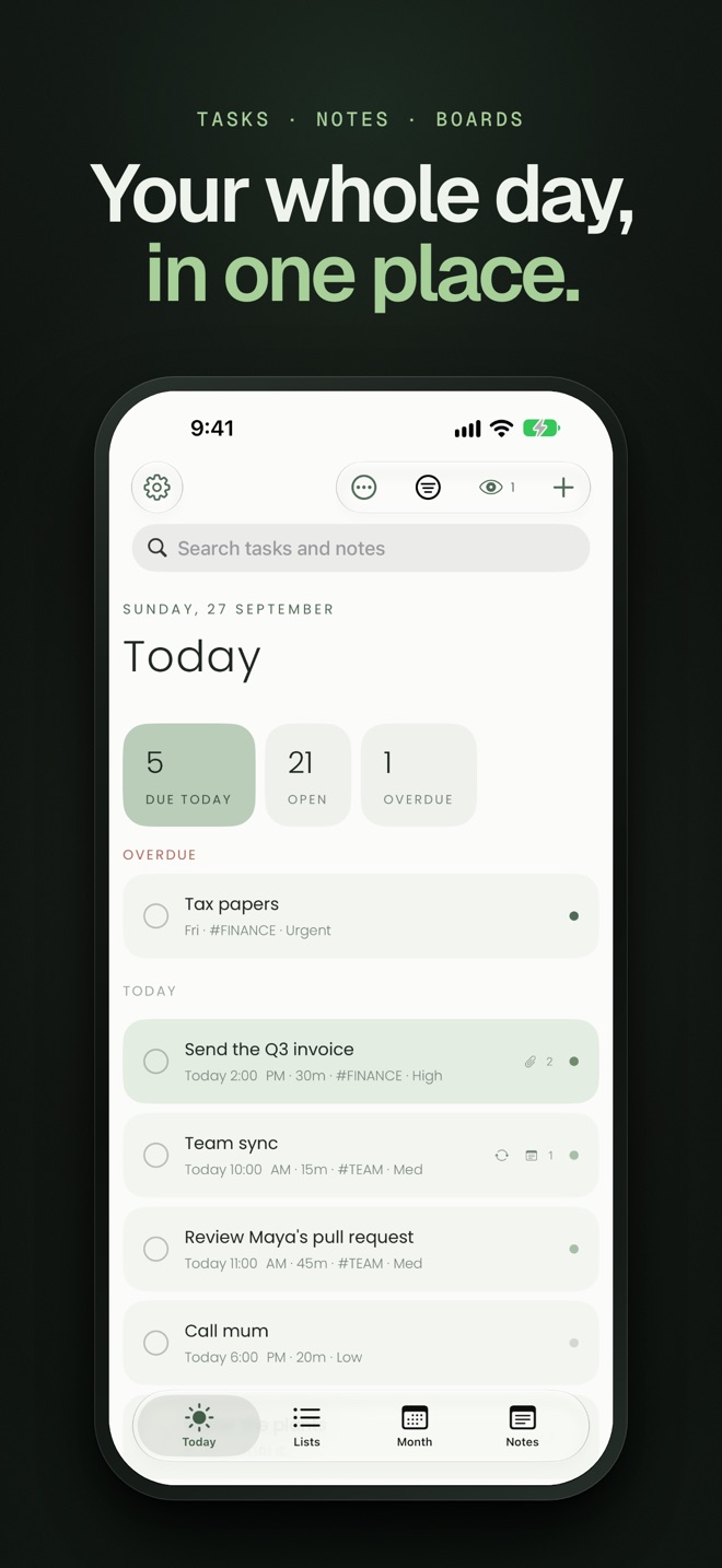 Alcove's Today screen on iPhone with 5 due today, 21 open and 1 overdue, an Overdue section holding Tax papers, and today's tasks below it, from Send the Q3 invoice at high priority to Call mum at low