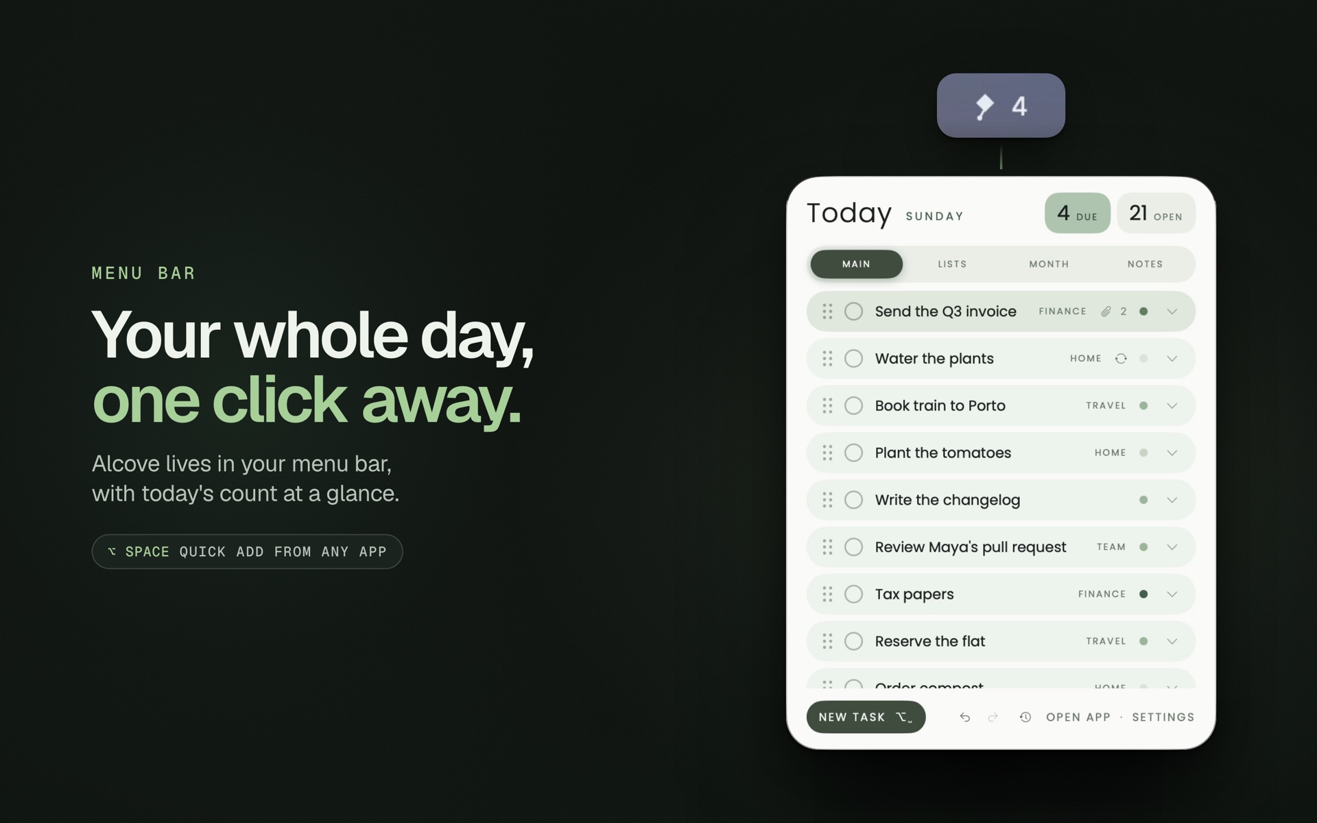 Alcove's menu bar popup on the Mac with today's tasks