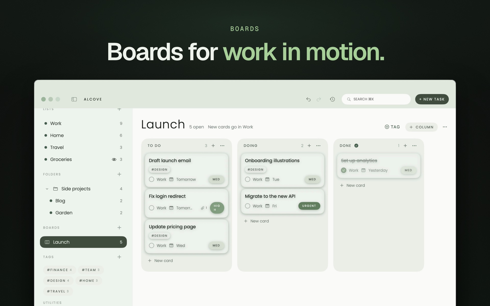 A kanban board in Alcove on the Mac