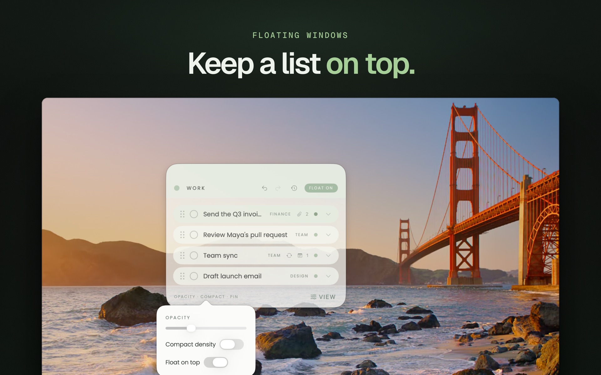A floating Alcove list above other apps
